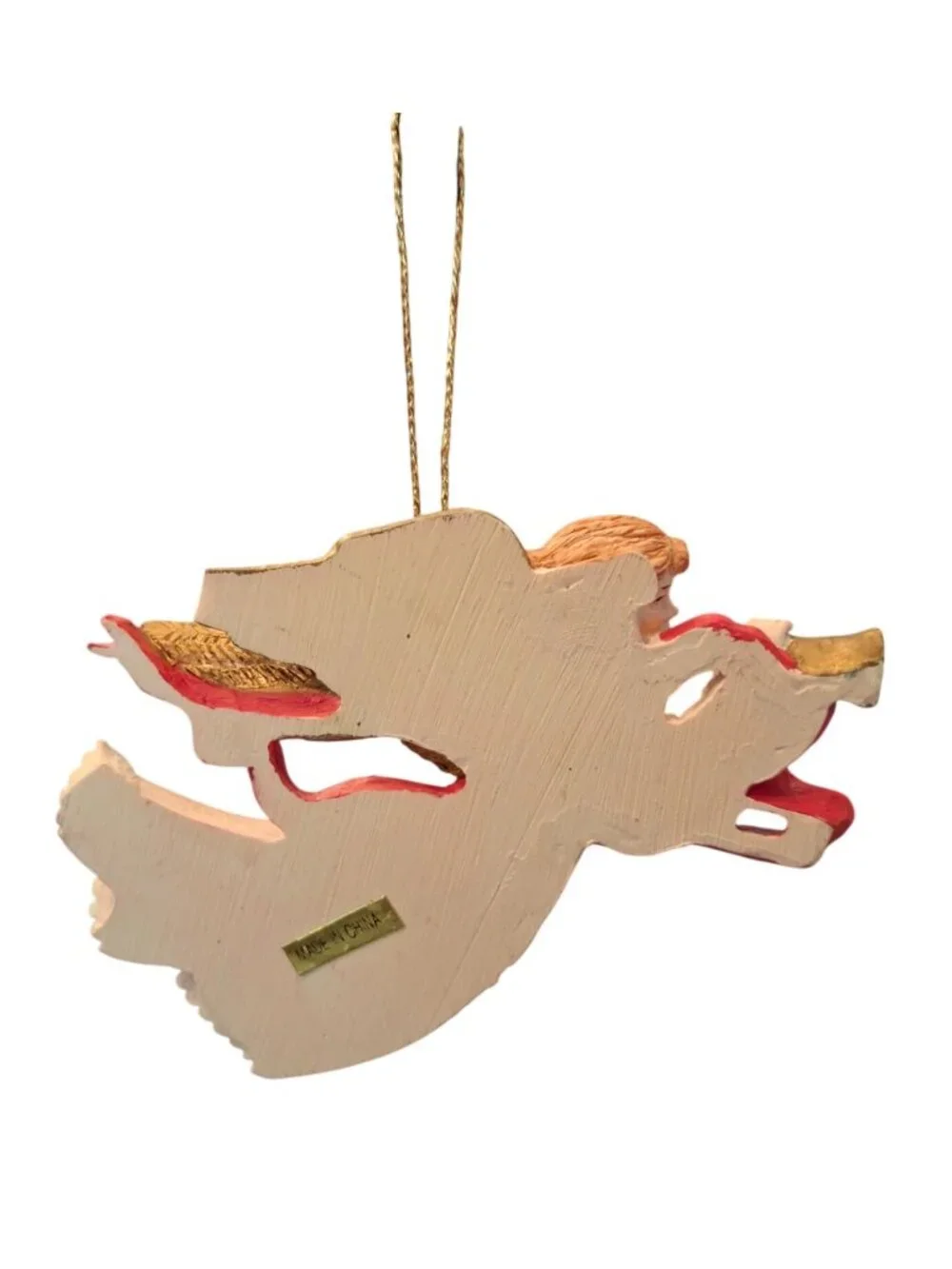 Vintage Flying Angel Trumpet Christmas Ornament Gold Wings Red Ribbon 4.5